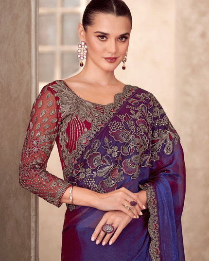 Attractive Indigo Blue Satin Georgette Heavy Designer Saree