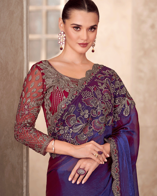 Attractive Indigo Blue Satin Georgette Heavy Designer Saree