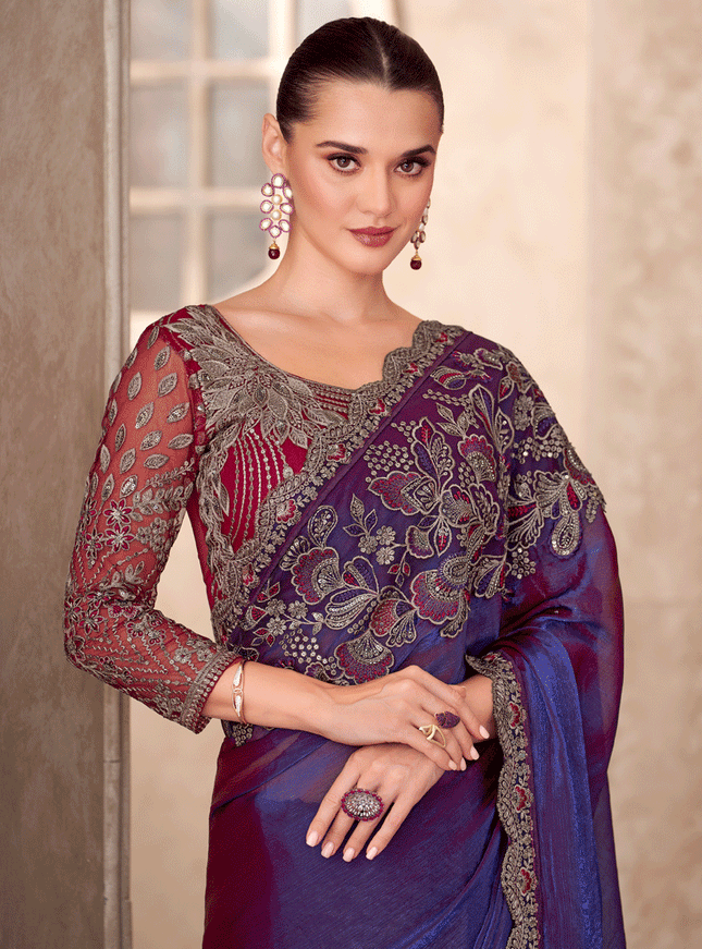 Attractive Indigo Blue Satin Georgette Heavy Designer Saree