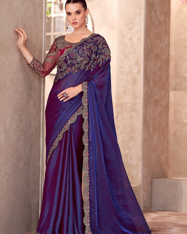 Attractive Indigo Blue Satin Georgette Heavy Designer Saree