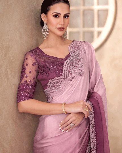 Stylish Onion Pink Chiffon Shaded Heavy Designer Saree