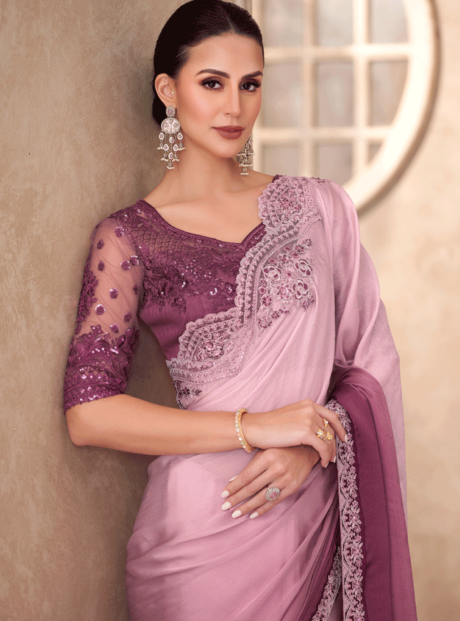 Stylish Onion Pink Chiffon Shaded Heavy Designer Saree
