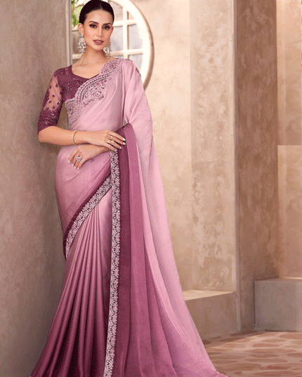 Stylish Onion Pink Chiffon Shaded Heavy Designer Saree