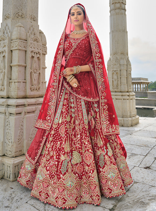 Crimson Red Silk Embroidered Bridal Lehenga Choli