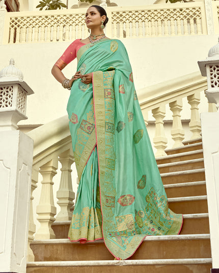 Charismatic Turquoise Dola Silk Handwork Wedding Saree