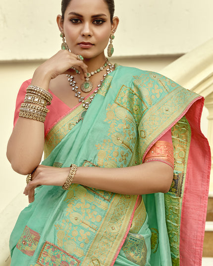 Charismatic Turquoise Dola Silk Handwork Wedding Saree