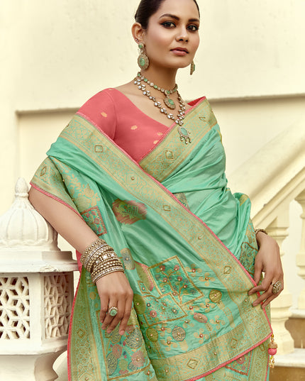 Charismatic Turquoise Dola Silk Handwork Wedding Saree