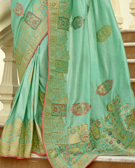 Charismatic Turquoise Dola Silk Handwork Wedding Saree