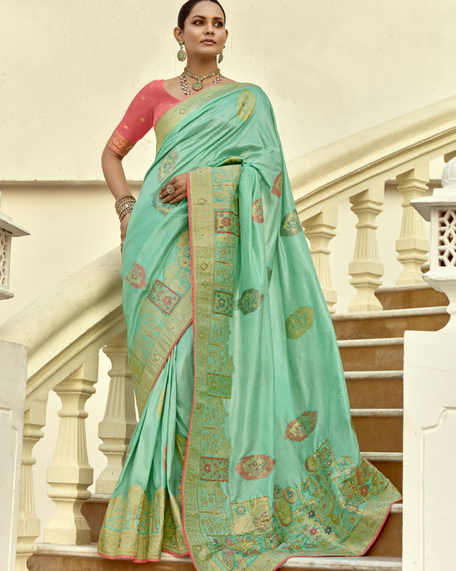 Charismatic Turquoise Dola Silk Handwork Wedding Saree