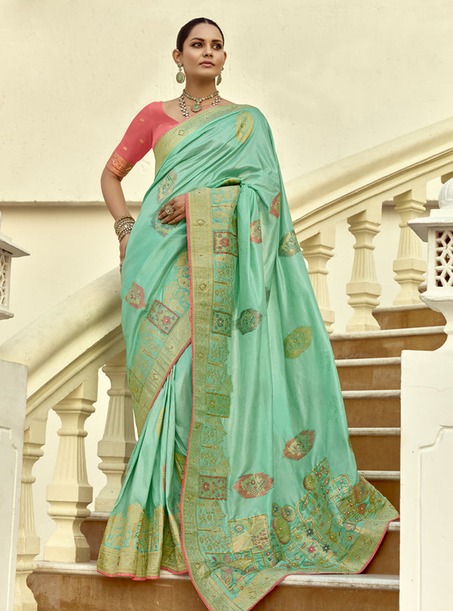 Charismatic Turquoise Dola Silk Handwork Wedding Saree