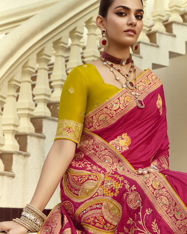 Fabulous Rani Pink Dola Silk Handwork Wedding Saree