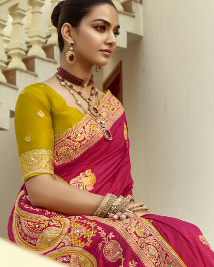 Fabulous Rani Pink Dola Silk Handwork Wedding Saree