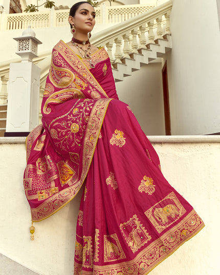 Fabulous Rani Pink Dola Silk Handwork Wedding Saree