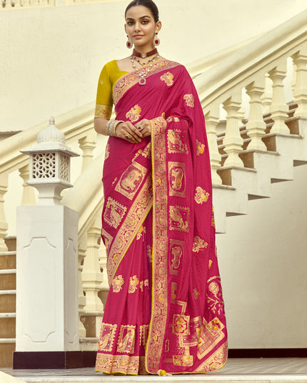 Fabulous Rani Pink Dola Silk Handwork Wedding Saree