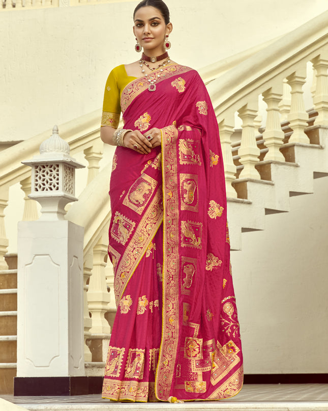 Fabulous Rani Pink Dola Silk Handwork Wedding Saree