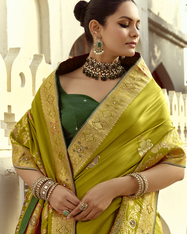 Outstanding Chartreuse Green Dola Silk Handwork Wedding Saree