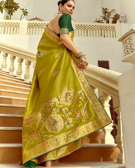 Outstanding Chartreuse Green Dola Silk Handwork Wedding Saree
