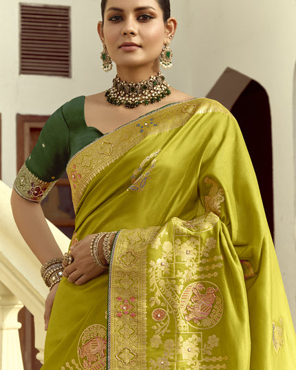 Outstanding Chartreuse Green Dola Silk Handwork Wedding Saree