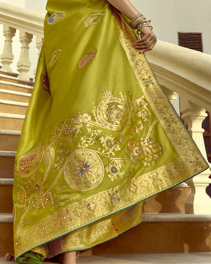 Outstanding Chartreuse Green Dola Silk Handwork Wedding Saree