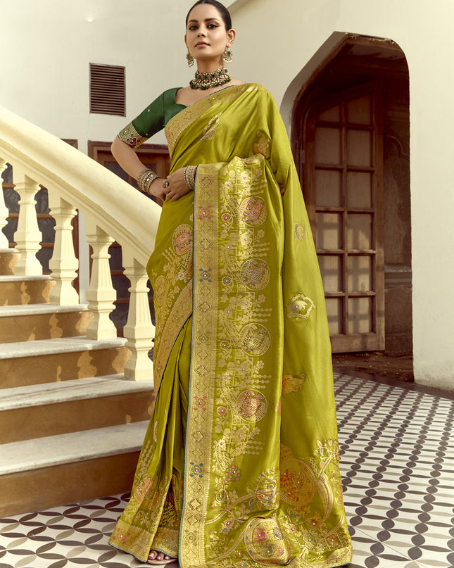 Outstanding Chartreuse Green Dola Silk Handwork Wedding Saree
