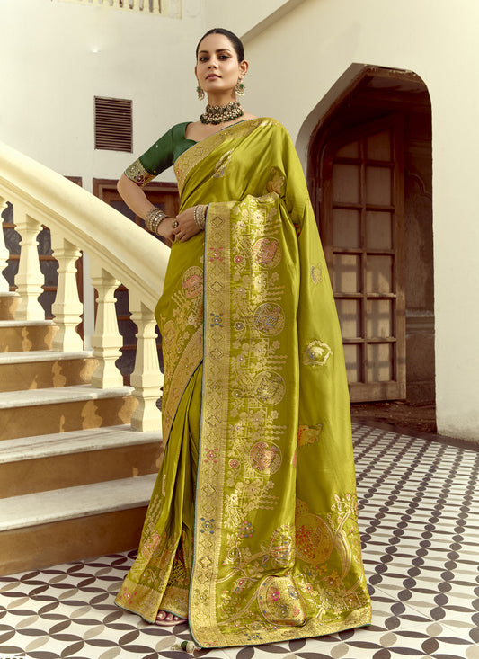 Outstanding Chartreuse Green Dola Silk Handwork Wedding Saree