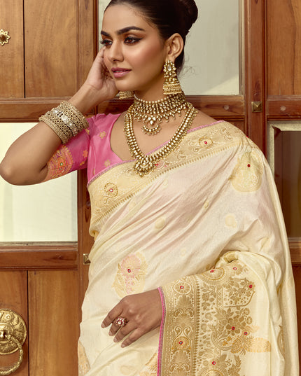 Exquisite Off White Dola Silk Handwork Wedding Saree