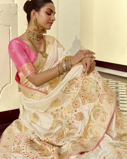 Exquisite Off White Dola Silk Handwork Wedding Saree