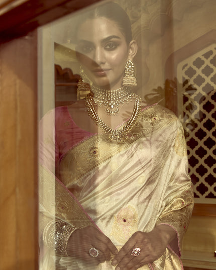 Exquisite Off White Dola Silk Handwork Wedding Saree