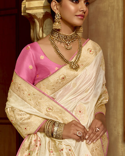 Exquisite Off White Dola Silk Handwork Wedding Saree