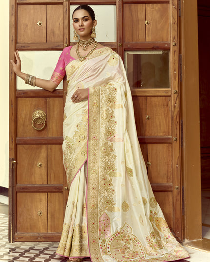 Exquisite Off White Dola Silk Handwork Wedding Saree