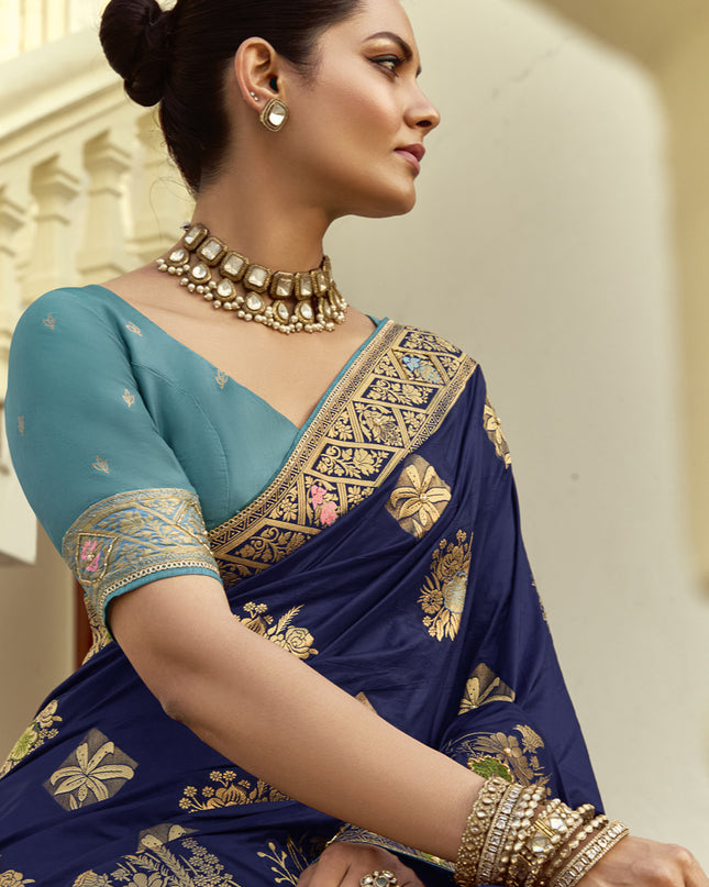 Sophisticated Navy Blue Dola Silk Handwork Wedding Saree