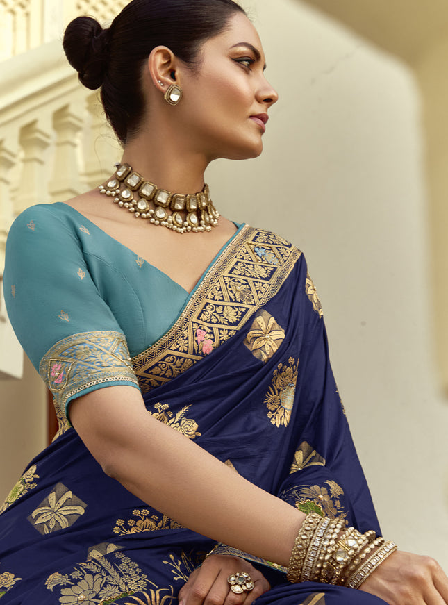 Sophisticated Navy Blue Dola Silk Handwork Wedding Saree