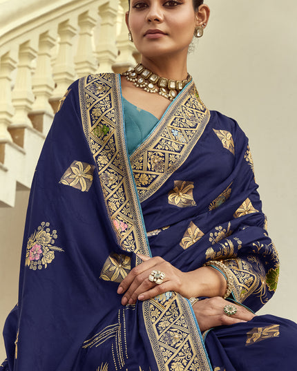 Sophisticated Navy Blue Dola Silk Handwork Wedding Saree