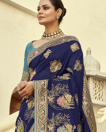 Sophisticated Navy Blue Dola Silk Handwork Wedding Saree