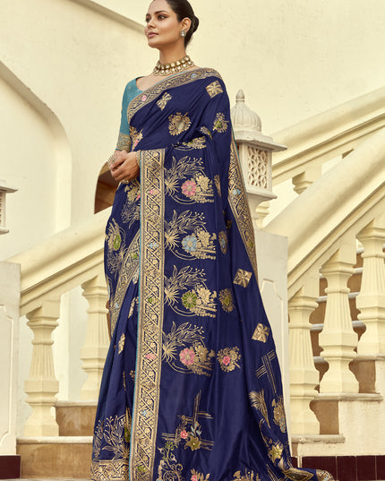 Sophisticated Navy Blue Dola Silk Handwork Wedding Saree