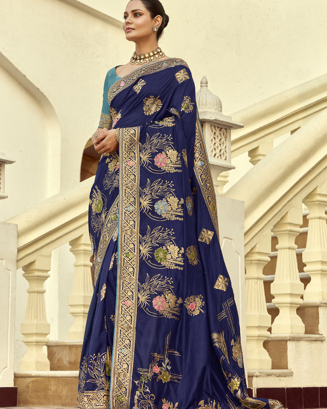 Sophisticated Navy Blue Dola Silk Handwork Wedding Saree