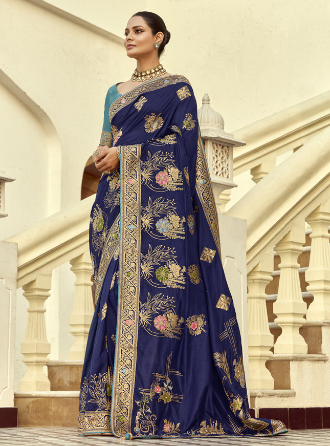 Sophisticated Navy Blue Dola Silk Handwork Wedding Saree