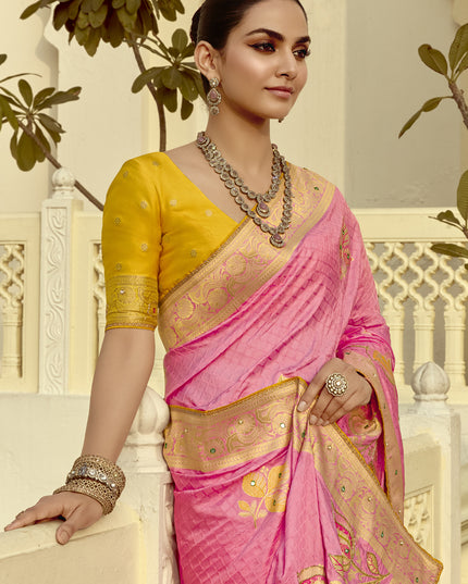 Impeccable Cherry Pink Dola Silk Handwork Wedding Saree