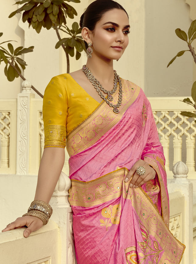 Impeccable Cherry Pink Dola Silk Handwork Wedding Saree