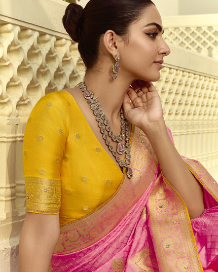 Impeccable Cherry Pink Dola Silk Handwork Wedding Saree