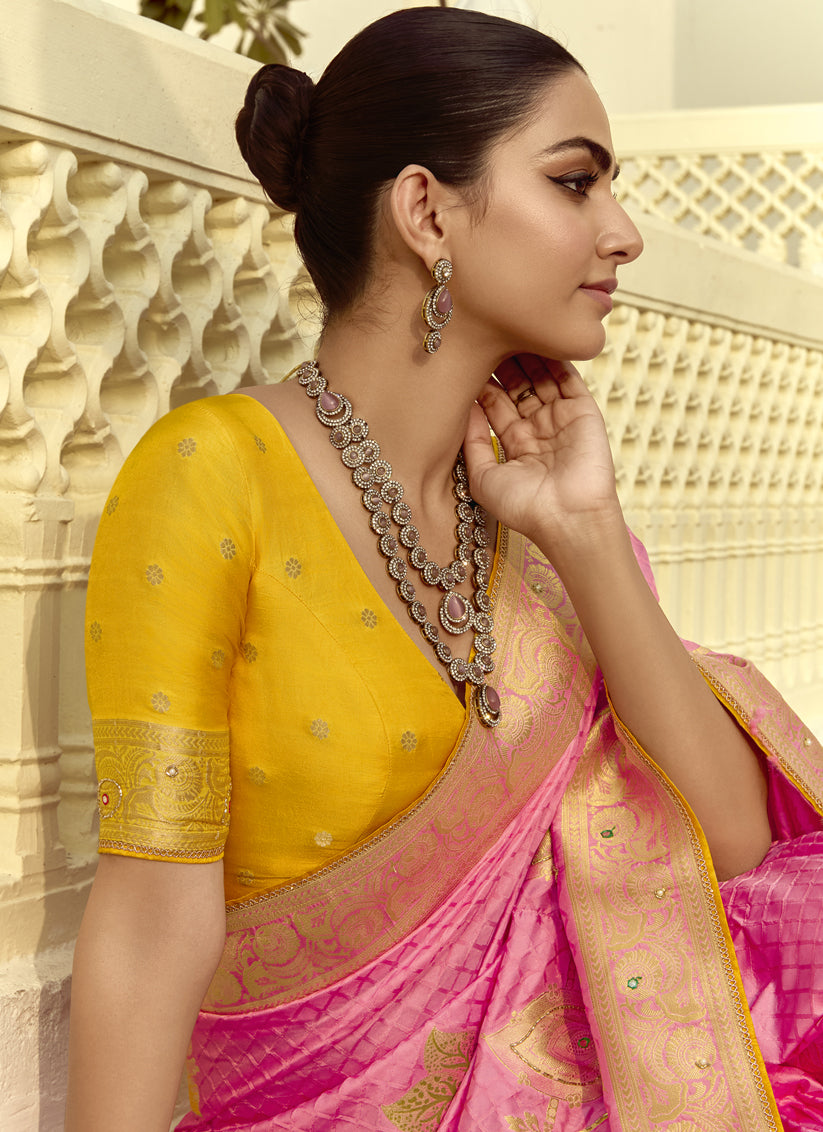 Impeccable Cherry Pink Dola Silk Handwork Wedding Saree