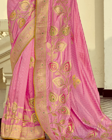 Impeccable Cherry Pink Dola Silk Handwork Wedding Saree