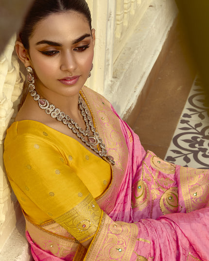 Impeccable Cherry Pink Dola Silk Handwork Wedding Saree