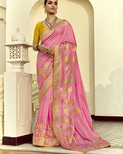Impeccable Cherry Pink Dola Silk Handwork Wedding Saree