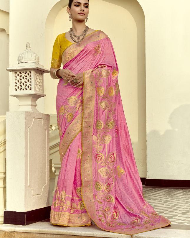 Impeccable Cherry Pink Dola Silk Handwork Wedding Saree