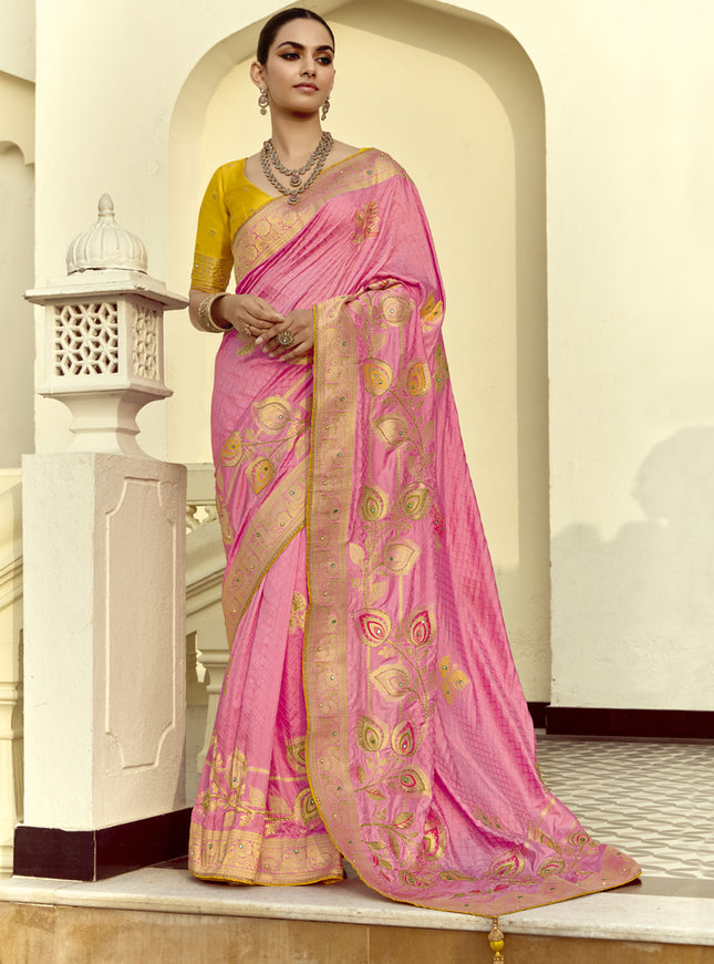 Impeccable Cherry Pink Dola Silk Handwork Wedding Saree