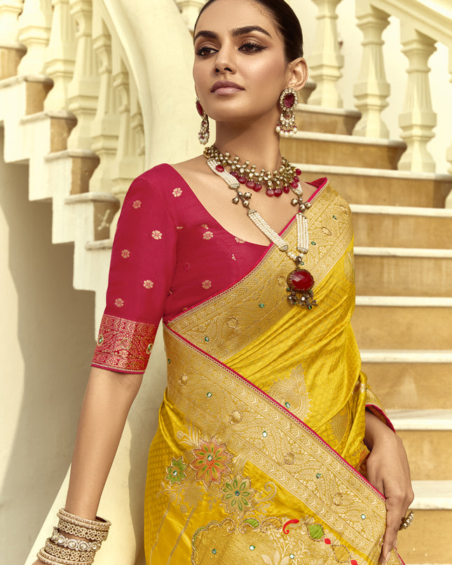 Flawless Sunny Yellow Dola Silk Handwork Wedding Saree
