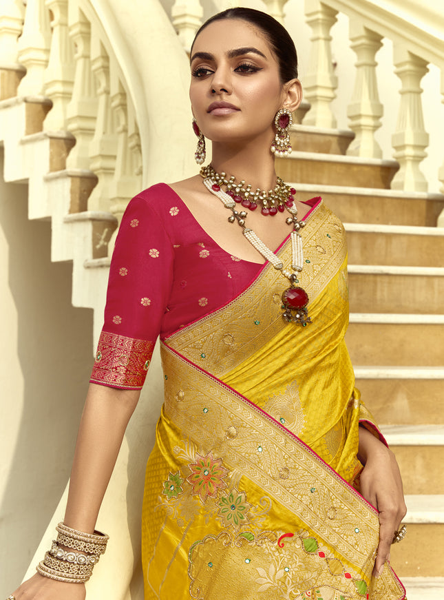 Flawless Sunny Yellow Dola Silk Handwork Wedding Saree