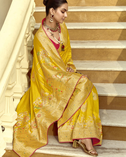 Flawless Sunny Yellow Dola Silk Handwork Wedding Saree