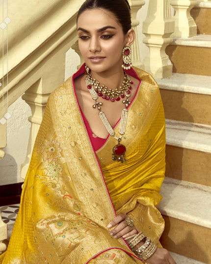 Flawless Sunny Yellow Dola Silk Handwork Wedding Saree